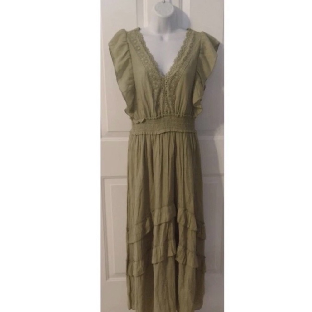 Kings Road- Flutter Sleeve Sage Green Maxi Dress with Smocked Waist